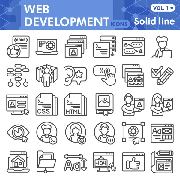 Symbolsatz für Webentwicklungslinien, Sammlung von Webseiten-Symbolen oder Skizzen. Codierung durchgehender Linie mit linearen Stilschildern für Web und App. Vektorgrafiken isoliert auf weißem Hintergrund. — Stockvektor