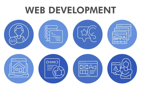 Moderne Webentwicklung Infografik-Design-Vorlage. Programmierung inphografischer Visualisierung mit acht Schritten Kreisdesign auf blauem Hintergrund. Website-Design-Vorlage für die Präsentation. Kreativer Vektor. — Stockvektor