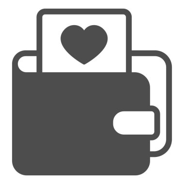 Cüzdan ve kart kalp katı ikon, flört konsepti, beyaz arka planda kalp vektör işareti resmi olan çanta, mobil konsept ve web tasarımı için glyph tarzı simge. Vektör grafikleri.