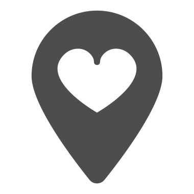 Kalp katı ikonu, flört konsepti, beyaz arka planda favori yer vektör işareti, mobil konsept ve web tasarımı için glyph tarzı simgesi içeren konum haritası broşu. Vektör grafikleri.