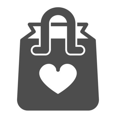 Tutacakları ve kalbi olan kağıt torba, sağlam ikon, flört konsepti, beyaz arka planda romantik hediye vektör işareti, mobil konsept ve web tasarımı için glyph tarzı simge. Vektör grafikleri.