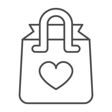 Tutacakları ve kalbi olan kağıt torba, ince çizgi ikonu, flört konsepti, beyaz arka planda romantik hediye vektör işareti, mobil konsept ve web tasarımı için taslak tarzı ikon. Vektör grafikleri.