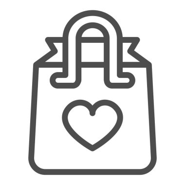 Tutacakları ve kalbi olan kağıt torba, mevcut satır simgesi, flört konsepti, beyaz arka planda romantik hediye vektör işareti, mobil konsept ve web tasarımı için taslak tarzı simge. Vektör grafikleri.