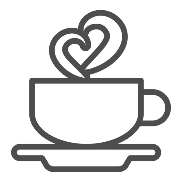 Cup of coffee on saucer and heart shaped steam line icon, dating concept, mug, smoke vector sign on white background, outline style icon for mobile concept and web design. Vector graphics. — Stock Vector