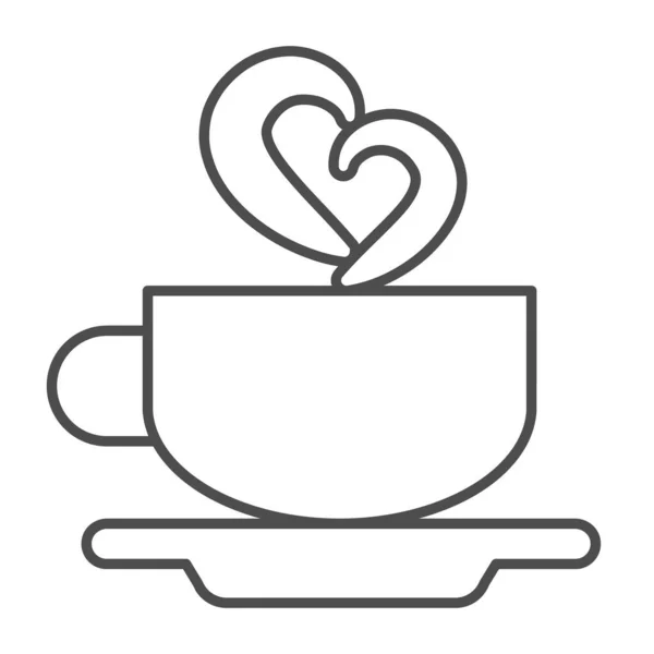 Cup of coffee on saucer and heart shaped steam thin line icon, dating concept, mug, smoke vector sign on white background, outline style icon for mobile concept and web design. Vector graphics. — Stock Vector