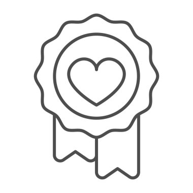 Kalp ve kurdeleli balmumu mühür ince çizgi ikonu, flört konsepti, beyaz arka planda kalp vektör işareti olan madalya, mobil konsept ve web tasarımı için taslak stil ikonu. Vektör grafikleri.