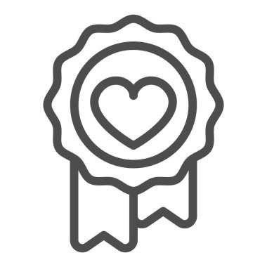 Kalp ve kurdele çizgisi ikonu olan balmumu mühür, flört konsepti, beyaz arka planda kalp vektör işareti olan madalya, mobil konsept ve web tasarımı için taslak stil ikonu. Vektör grafikleri.