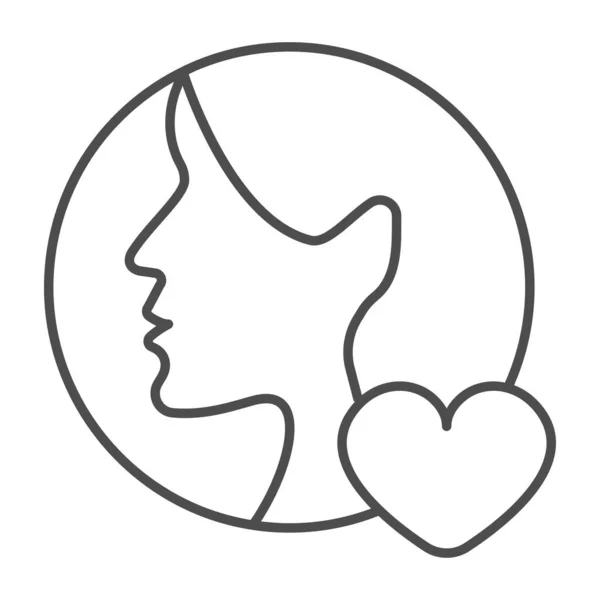 Flicka halv ansikte, huvud och hjärta, kvinna, kärlek tunn linje ikon, dating koncept, profil som vektor tecken på vit bakgrund, kontur stil ikon för mobil koncept och webbdesign. Vektorgrafik. — Stock vektor