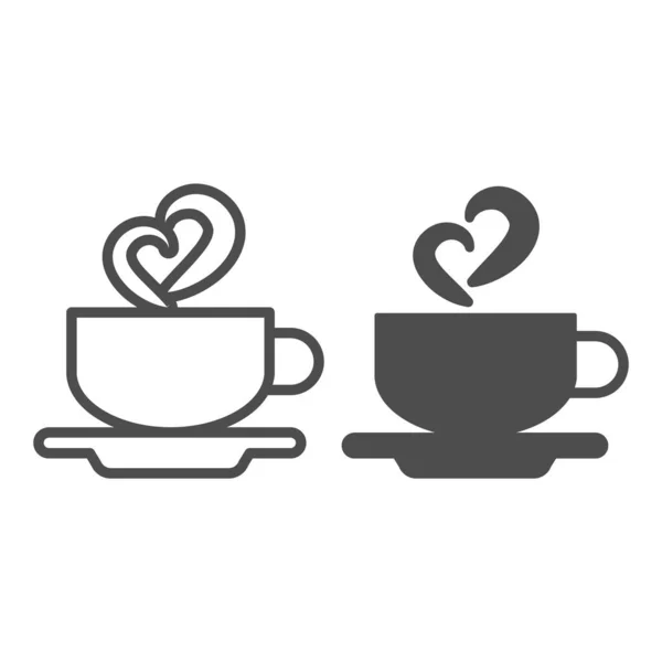 Kupa kávé csészealj és szív alakú gőz vonal és szilárd ikon, társkereső koncepció, bögre, füst vektor jel fehér alapon, körvonalazott stílus ikon mobil koncepció és web design. Vektorgrafika. — Stock Vector
