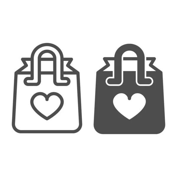 Papieren tas met handgrepen en hart, huidige lijn en solide pictogram, dating concept, romantische gift vector teken op witte achtergrond, outline stijl pictogram voor mobiele concept en web design. vectorgrafieken. — Stockvector