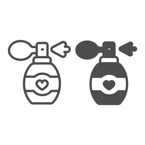 Botella de perfume con corazón, línea de olor e icono sólido, concepto de perfumería, signo de fragancia vectorial sobre fondo blanco, icono de estilo de esquema para el concepto móvil y el diseño web. Gráficos vectoriales. — Vector de stock