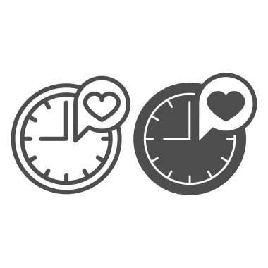 Diyalog kutusu satırında saat ve kalp ve sağlam ikon, hızlı randevu kavramı, beyaz arka planda aşk vektör işareti zamanı, mobil konsept ve web tasarımı için taslak tarzı ikonu. Vektör grafikleri.