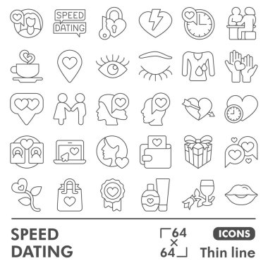 Hızlı tarih çizgisi simgesi seti, ilişki sembolleri koleksiyonu veya taslakları. İnternetteki ve uygulamalardaki çizgisel işaretler için randevuda olan çift. Beyaz arkaplanda izole edilmiş vektör grafikleri.