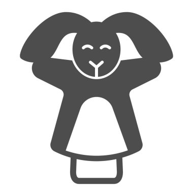 Tavşan, elinde tavşan kuklası, sağlam ikon, tiyatro konsepti, beyaz arka planda kukla vektör işareti, mobil konsept ve web tasarımı için kabartma tarzı simge. Vektör grafikleri.