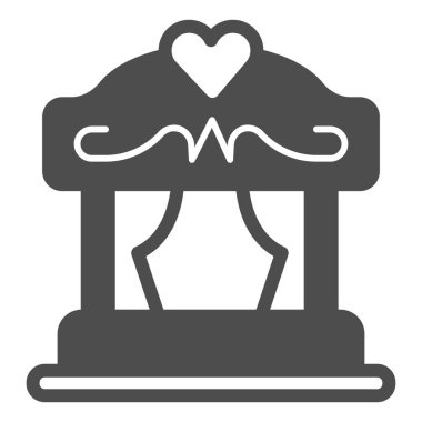 Perdeleri ve kalp katı ikonu olan taşınabilir kukla tiyatrosu, tiyatro konsepti, beyaz arka planda sahne vektör işareti, mobil konsept ve web tasarımı için kabartma tarzı ikon. Vektör grafikleri.