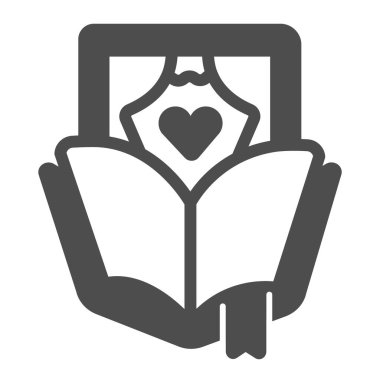 Senaryo, kitap, kalp, yer imi ve perdeleri çalın. Katı ikon, tiyatro konsepti, beyaz zemin üzerinde ders kitabı vektör işareti, mobil konsept ve web tasarımı için glyph tarzı simge. Vektör grafikleri.