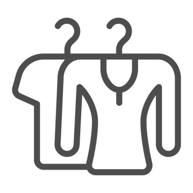 Askı, tekstil, kumaş çizgisi ikonu, kıyafet konsepti, beyaz arka planda aktörlerin kıyafet vektör tabelası, mobil konsept ve web tasarımı için taslak stil ikonu. Vektör grafikleri.