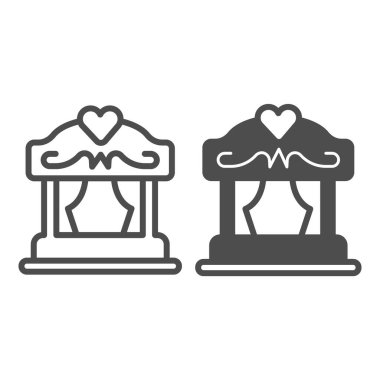 Perdeleri, kalp çizgisi ve sağlam ikonu olan taşınabilir kukla tiyatrosu, tiyatro konsepti, beyaz arka planda sahne vektör işareti, mobil konsept ve web tasarımı için taslak tarzı ikon. Vektör grafikleri.