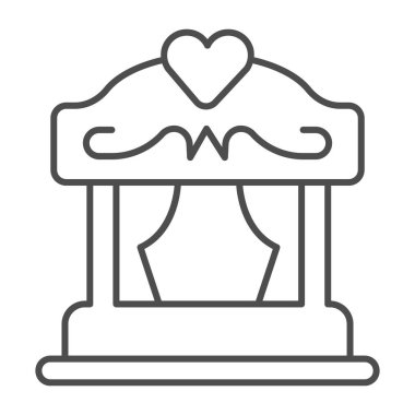 Perdeleri ve kalp çizgisi ikonu olan portatif kukla tiyatrosu, tiyatro konsepti, beyaz arka planda sahne vektör işareti, mobil konsept ve web tasarımı için taslak tarzı ikon. Vektör grafikleri.