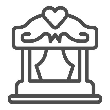 Perdeleri ve kalp çizgisi ikonu olan taşınabilir kukla tiyatrosu, tiyatro konsepti, beyaz arka planda sahne vektör işareti, mobil konsept ve web tasarımı için taslak tarzı ikon. Vektör grafikleri.