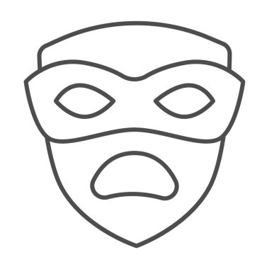 Karnaval maskesi, trajedi maskesi, üzgün yüz çizgisi ikonu, maskeli balo konsepti, beyaz arka planda drama maskesi işareti, mobil konsept ve web tasarımı için tasarım tasarımı için taslak tarzı simgesi. Vektör grafikleri.