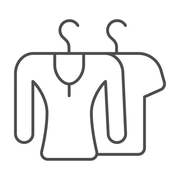 ハンガー、テキスタイル、生地の細い線のアイコン、服のコンセプト、白い背景の俳優のワードローブベクトルサイン、モバイルコンセプトとウェブデザインのアウトラインスタイルのアイコンにシャツとティー。ベクトルグラフィックス. — ストックベクタ