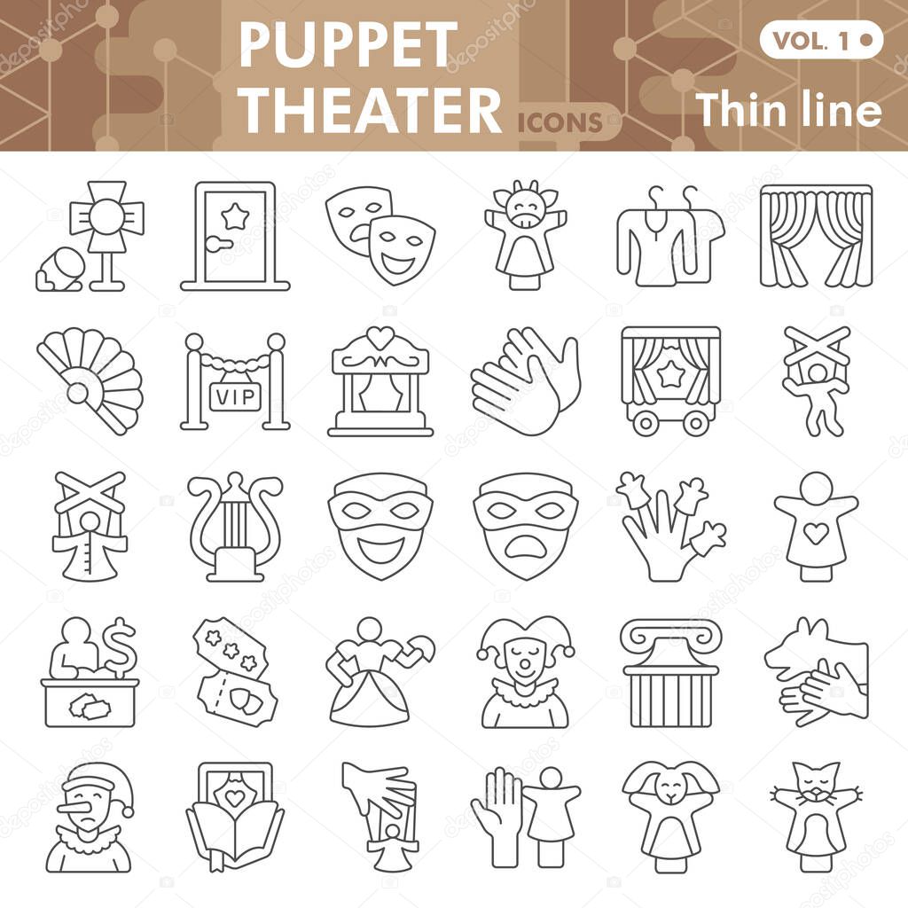 Puppet theater line icon set, dramatic art symbols collection or sketches. Marionettes thin line linear style signs for web and app. Vector graphics isolated on white background.