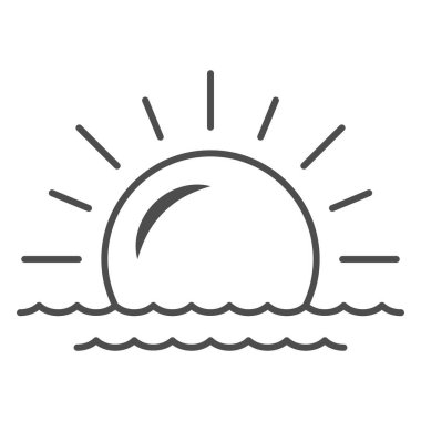 Güneş ve deniz, deniz kıyısı, gün batımı ince çizgi ikonu, hava ve iklim konsepti, beyaz arka planda gün doğumu vektör işareti, mobil konsept ve web tasarımı için tasarım tasarımı için taslak tarzı ikonu. Vektör grafikleri.