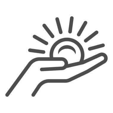 El çizgisi simgesi, hava ve iklim konsepti üzerinde güneş, beyaz arka planda el vektörü işareti üzerinde gün batımı, mobil konsept ve web tasarımı için taslak tarzı ikonu. Vektör grafikleri.