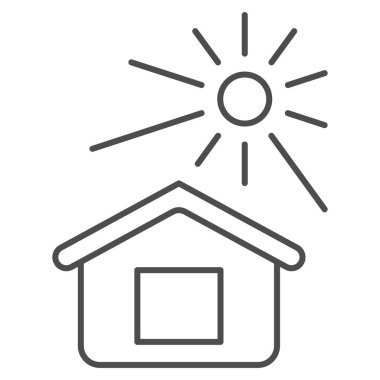 Güneş, evin ince çizgi ikonunu, hava ve iklim kavramını, beyaz arka planda ev ve güneş ışığı vektör işaretini, mobil konsept ve web tasarımı için tasarım tarzını aydınlatır. Vektör grafikleri.