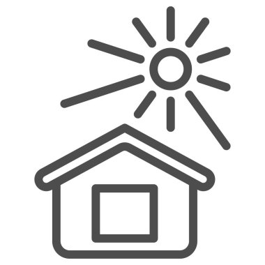 Güneş, ev çizgisi simgesini, hava ve iklim kavramını, beyaz arka planda ev ve güneş ışığı vektör işaretini, mobil konsept ve web tasarımı için tasarım tarzını aydınlatır. Vektör grafikleri.