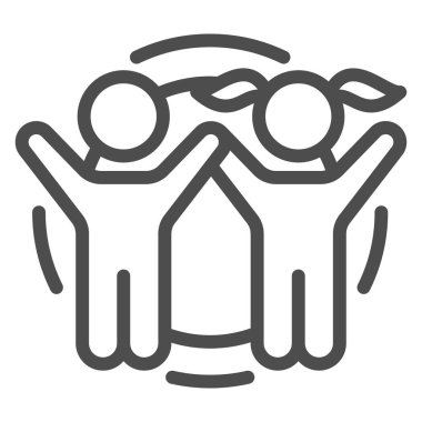 Erkek ve kız, beyaz arka planda güneş çizgisi ikonu, doğa konsepti, güneş ışığı ve çocuk vektör işareti, mobil konsept ve web tasarımı için taslak tarzı ikona doğru el kaldırır. Vektör grafikleri.