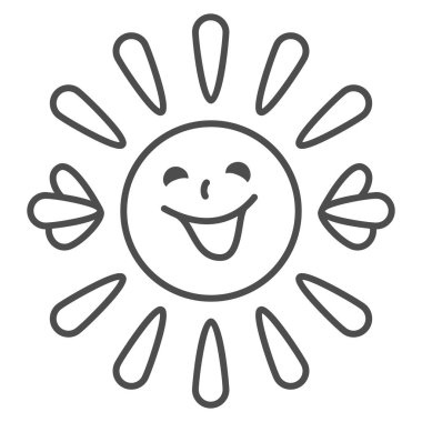 Gülen yüzlü güneş, kirişler ve eller ince çizgi ikonu, hava konsepti, beyaz arka planda gün ışığı gülümseyen vektör işareti, mobil konsept ve web tasarımı için tasarım tasarımı için taslak tarzı simgesi. Vektör grafikleri.