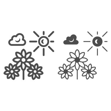 Güneş, çiçekleri, bulutları, gökyüzü çizgisini ve katı ikonu, doğa kavramını, güneş ışığını ve çiçek vektörünü beyaz arka planda, mobil konsept ve web tasarımı için ana hatlı tasarım simgesini aydınlatır. Vektör grafikleri.