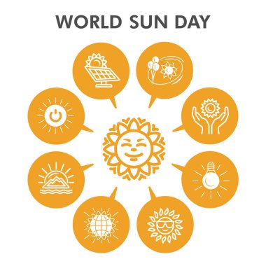 Modern Sun Infographic tasarım şablonu. Sarı zemin üzerinde dokuz adımlı daire tasarımı olan güneş görselleştirmesi. Sunum için güneş ışığı şablonu. Yaratıcı vektör illüstrasyonu.