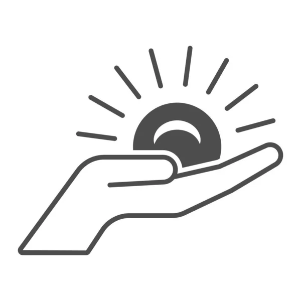 Sol na palma da mão ícone sólido, clima e conceito de clima, pôr do sol no sinal vetor mão no fundo branco, ícone de estilo glifo para o conceito móvel e web design. Gráficos vetoriais. — Vetor de Stock