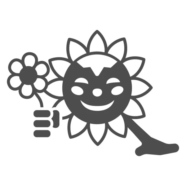笑顔の太陽は、花の固体アイコン、天気と気候の概念、白地にデイジーベクトル記号を持つ太陽、モバイルコンセプトとウェブデザインのためのグリフスタイルのアイコンを与えます。ベクトルグラフィックス. — ストックベクタ