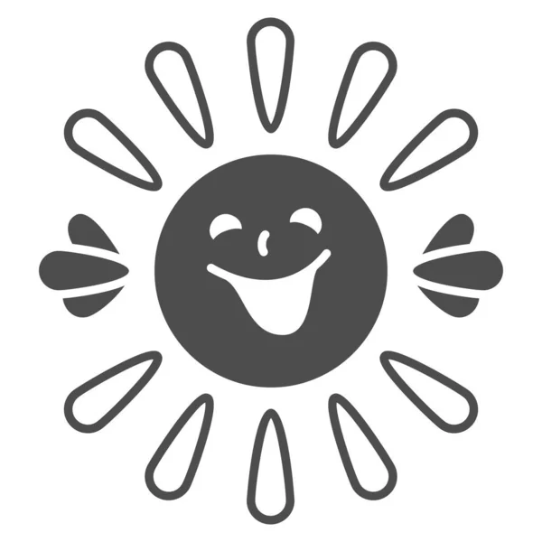 笑顔の顔を持つ日,ビームと手の固体アイコン,天気の概念,白い背景に太陽の笑顔ベクトル記号,モバイルコンセプトとウェブデザインのためのグリフスタイルのアイコン.ベクトルグラフィックス. — ストックベクタ
