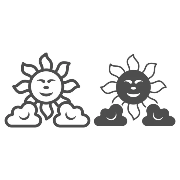 雲のラインと固体のアイコン、天気と気候の概念の間の太陽、白い背景に空のベクトル記号で太陽、モバイルの概念とWebデザインのためのアウトラインスタイルのアイコン。ベクトルグラフィックス. — ストックベクタ