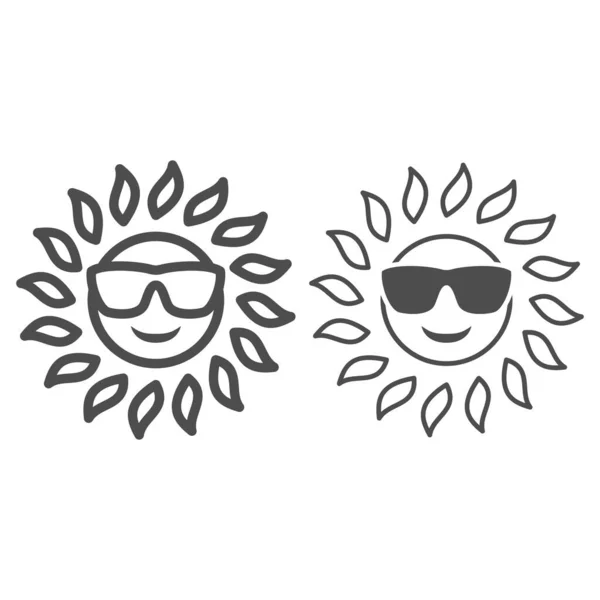 Солнце в очках линии и твердый значок, погода и климат концепции, солнечный свет в очках векторный знак на белом фоне, очертания стиль иконки для мобильной концепции и веб-дизайна. Векторная графика. — стоковый вектор