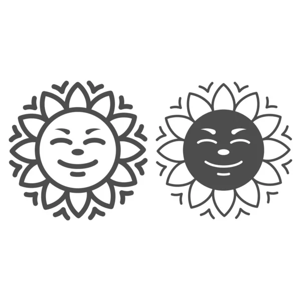 笑顔の顔とビームラインと固体アイコン、天気と気候の概念、白い背景に太陽の笑顔ベクトル記号、モバイルコンセプトとウェブデザインのアウトラインスタイルのアイコンを持つ日。ベクトルグラフィックス. — ストックベクタ