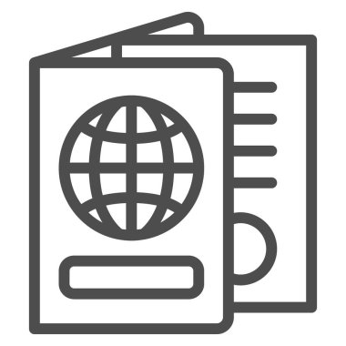 Küresel pasaport, dünya kapak çizgisi simgesi, güvenlik kontrolü kavramı, beyaz arka planda seyahat belgesi vektör işareti, mobil konsept ve web tasarımı için taslak biçimi simgesi. Vektör grafikleri.