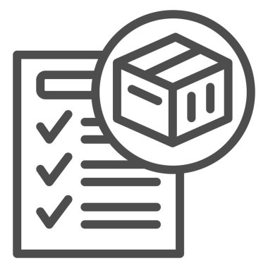 Waybill, box, sheet of paper, check mark, form çizgisi simgesi, belge konsepti, fatura vektör işareti beyaz arka planda, mobil konsept ve web tasarımı için taslak biçimi simgesi. Vektör grafikleri.