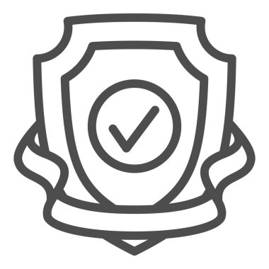 Kalkan, kontrol işareti, kurdele, koruma hattı ikonu, güvenlik konsepti, beyaz arka planda güvenlik kontrol vektör işareti, mobil konsept ve web tasarımı için taslak biçimi simgesi. Vektör grafikleri.