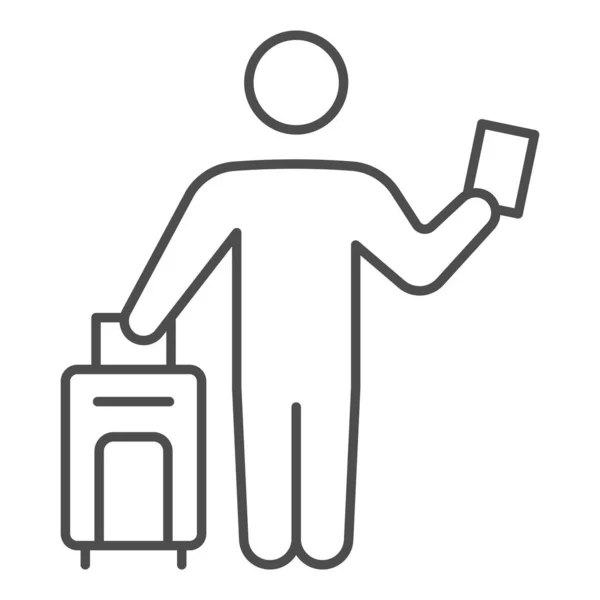 Pasajero con maleta y pasaporte icono de línea delgada, concepto de comprobación de seguridad, bolsa de registro en el signo de vectores sobre fondo blanco, icono de estilo de esquema para el concepto móvil y diseño web. Gráficos vectoriales. — Vector de stock
