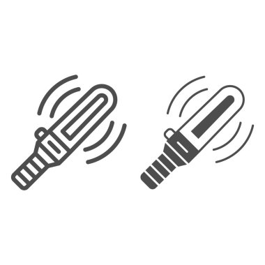 Manuel güvenlik metal detektör hattı ve sağlam ikon, güvenlik kontrolü konsepti, beyaz arka planda vücut tarayıcı işareti, mobil konsept ve web tasarımı için taslak biçimi simgesi. Vektör grafikleri.