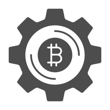 Ekonomik mekanizmada dişli olarak bitcoin katı ikon, kripto para birimi konsepti, beyaz zemin üzerinde BTC tekerlek vektör işareti, mobil konsept ve web tasarımı için glyph tarzı simge. Vektör grafikleri.