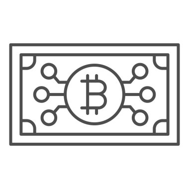 Banknot olarak Bitcoin, nakit kripto para ince çizgi simgesi, finansal konsept, beyaz arka planda BTC vektör işareti, mobil konsept ve web tasarımı için taslak biçimi simgesi. Vektör grafikleri.