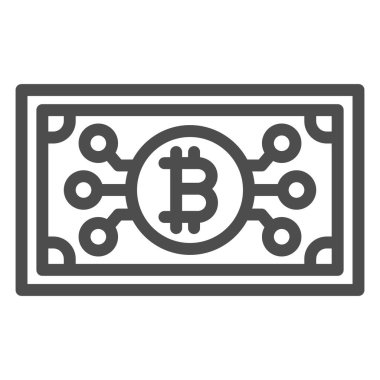 Banka notu olarak Bitcoin, nakit şifreleme hattı simgesi, finansal konsept, beyaz arka planda BTC vektör işareti, mobil konsept ve web tasarımı için taslak biçimi simgesi. Vektör grafikleri.