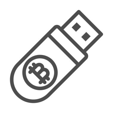 Bitcoin çizgisi simgesine sahip flaş bellek, kripto para birimi konsepti, BTC amblemli USB beyaz arka planda vektör işareti, mobil konsept ve web tasarımı için tasarım biçimi simgesi. Vektör grafikleri.